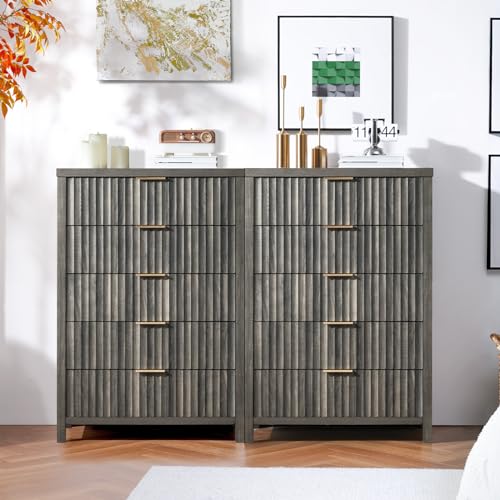 5 Drawers Dresser, 44 Inches Tall Modern Dresser for Bedroom, Curved Profile Design Chest of Drawers, Wood Drawer Organizer for Living Room, Hallway, Entryway (Grey Oak, 2 Pieces)