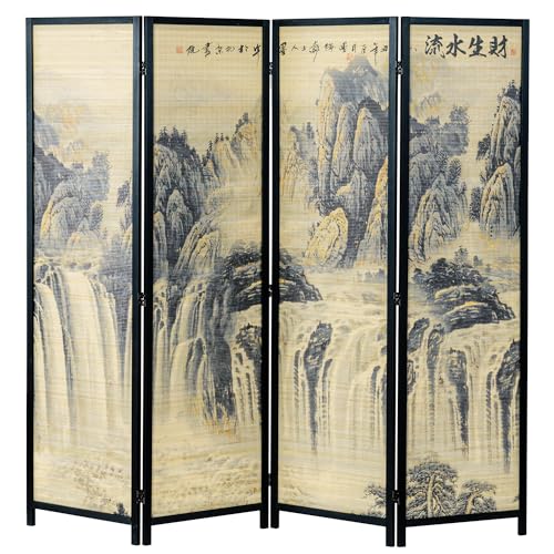 MyGift 4-Panel Folding Bamboo Room Divider Asian-Inspired Cherry Blossom Scene, 6 FT Freestanding Floral Artwork Room Partitioner with Beige Wood Frame