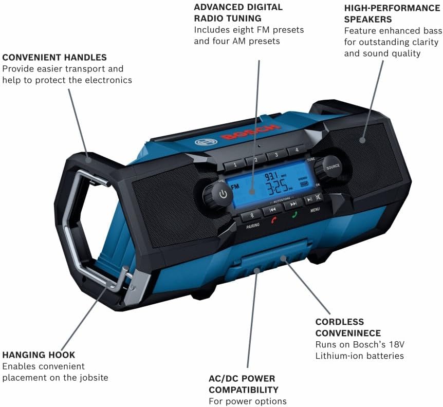 BOSCH GPB18V-2CN 18V Compact Jobsite Radio with Bluetooth® 5.0, Black