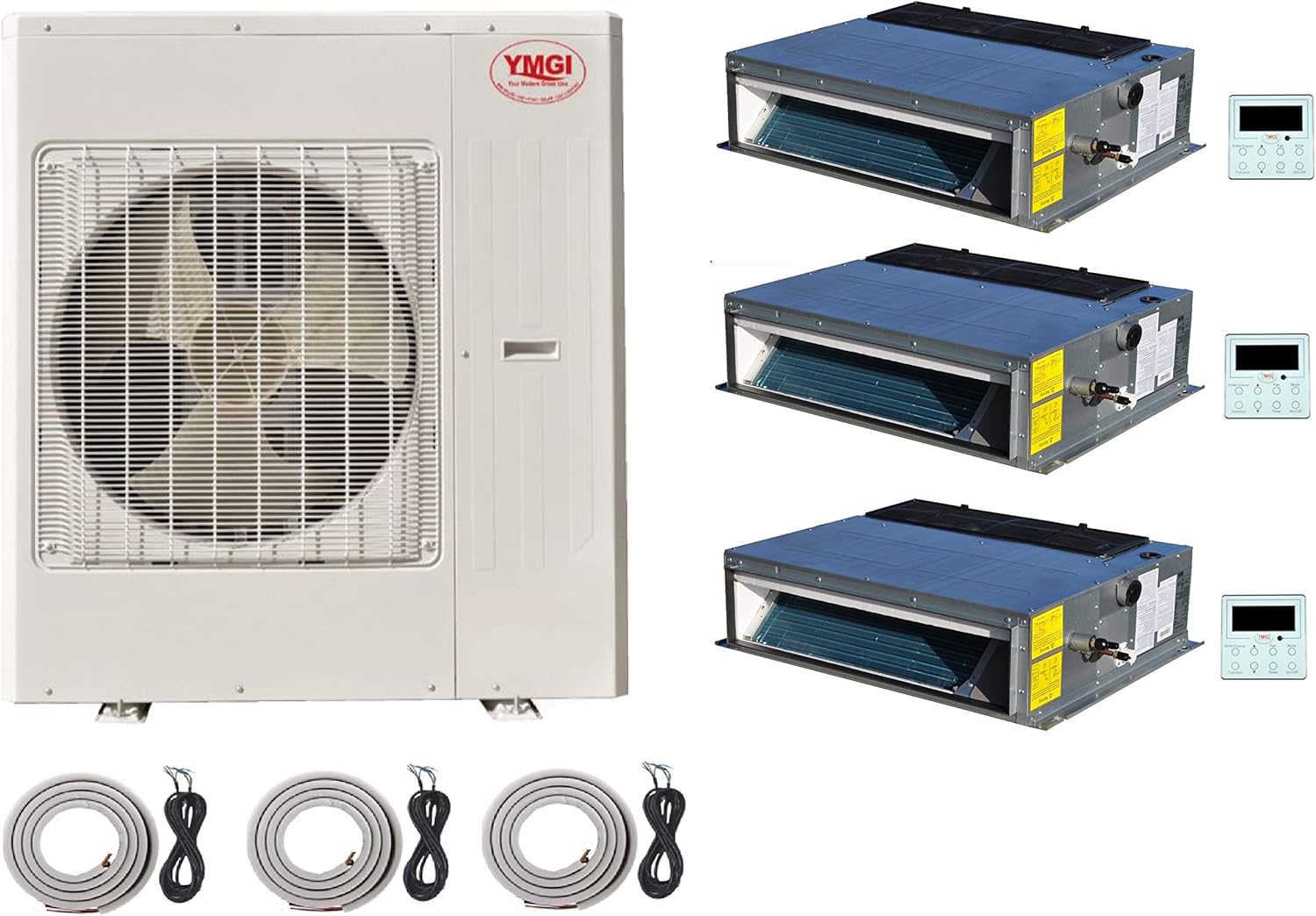 Concealed Duct Mini Split Air Conditioner Heat Pump Three Zone 3 Zone 54000 BTU 4.5 Tons with Low Profile Fan Coils Indoor Unit Include Total 75 Ft Line Set 220V