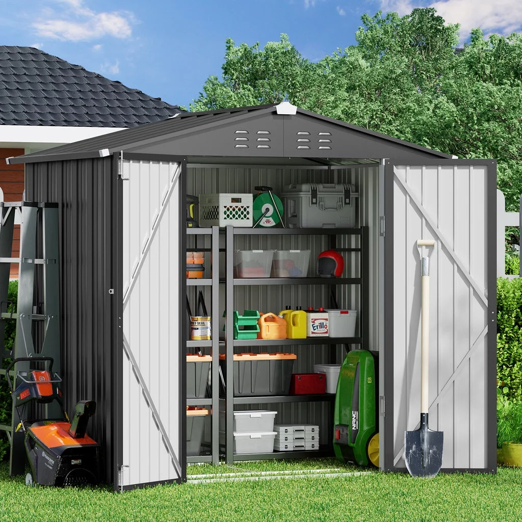 Aiho 8' x 6' Shed, Outdoor Storage Shed with Metal Base Frame & Air Vent & Lockable Doors for Garden and Backyard - Gray - Curated Treasures Market