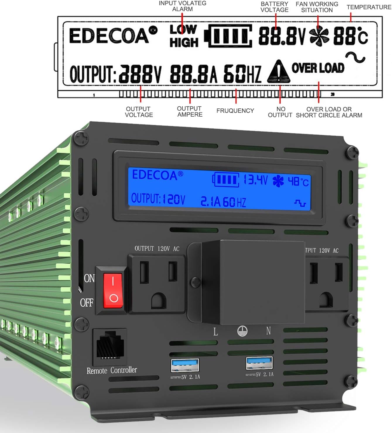EDECOA 3000 Watt Power Inverter DC 12V to AC 110V 120V for Car Truck RV with LCD Display and Remote Controller