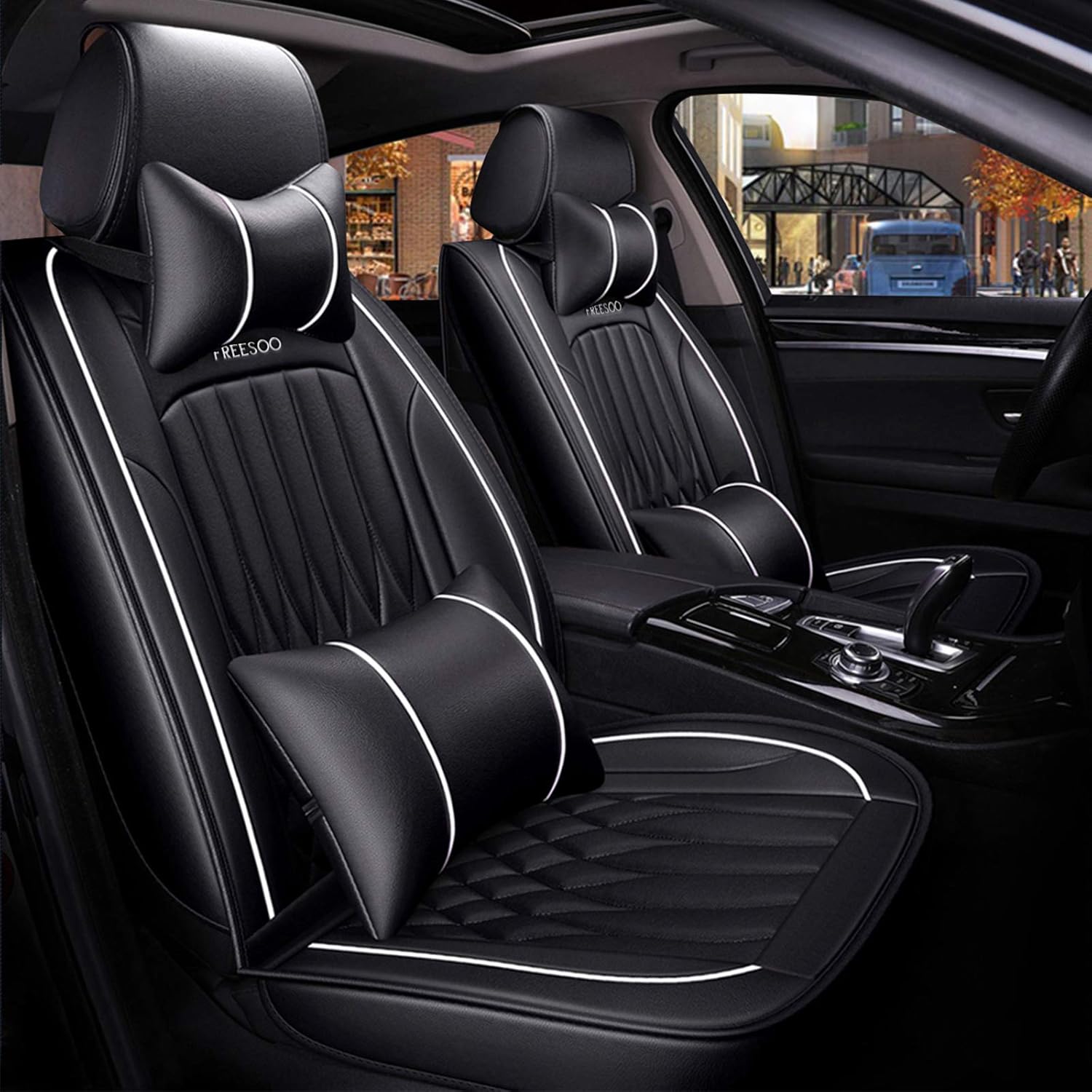 FREESOO Car Seat Cover Leather, Car Seat Covers Full Set Front Rear Automotive Waterproof Universal for 5 Seats Vehicle Year Round Use (Black White 2)