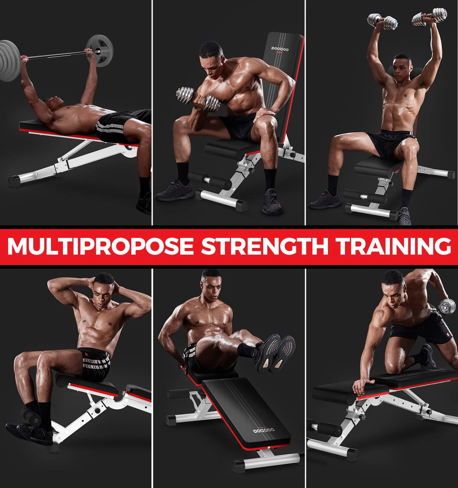 Pooboo Dumbbell Bench Workout Foldable Weight Bench 600 lbs with 6 Incline Adjustable and Thickened 5 Layer Structure gym bench Strength Training Bench for Home Training