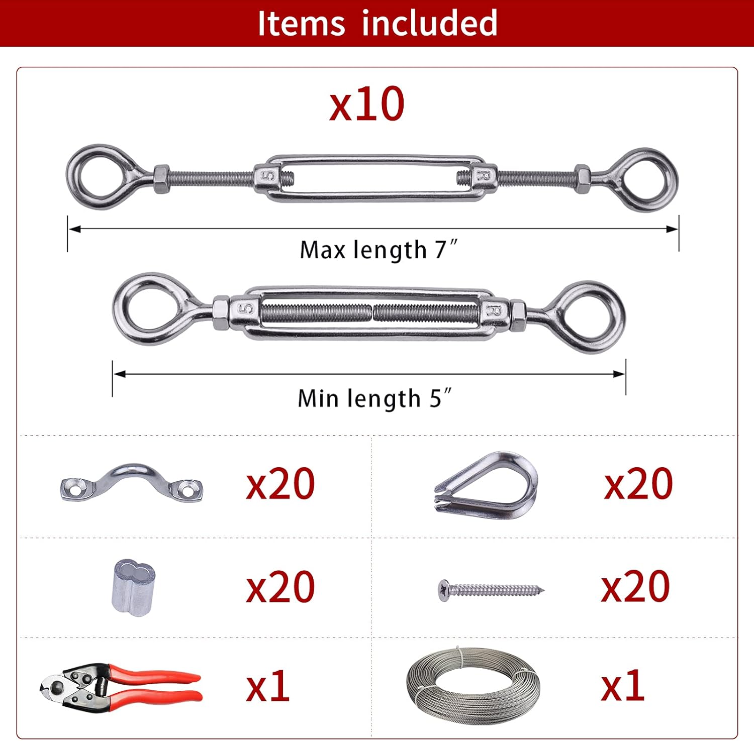 Muzata 10Set 1/8 Cable Railing Kit Hardware Turnbuckle M5 Eye to Eye CK01 and 165Ft Wire Rope WR01 and CR12 for Wood Post Stainless Steel Angle Adjustable WoodLoft System 10 Cable Lines,CA4 CA5