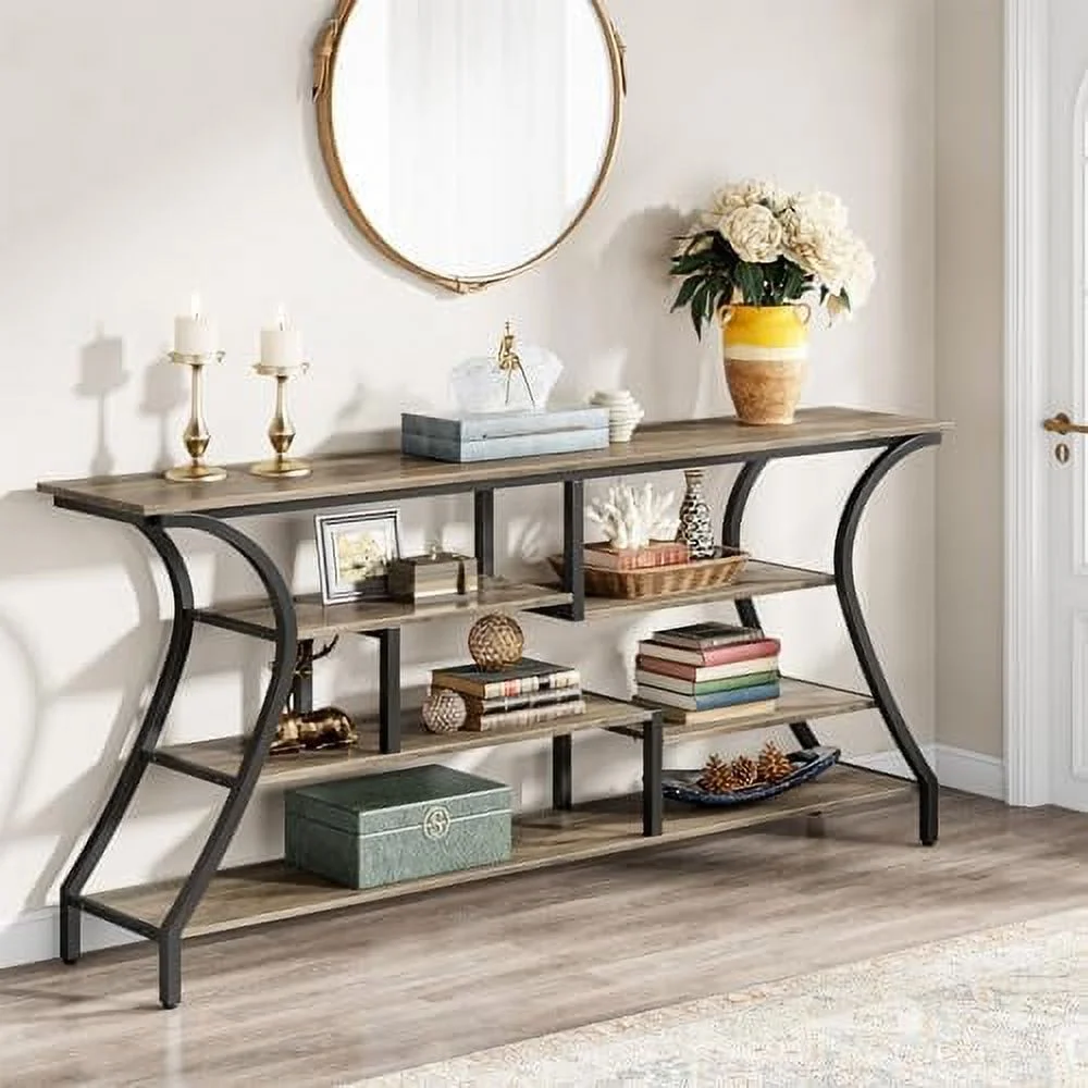 MQLIFEBOOM 70.9 Inch Extra Long Console Table  Industrial Narrow Sofa Table with  Shelves  4 Tier Entryway Table Behind Couch for Hallway Foyer Living Room (Grey) - Curated Treasures Market