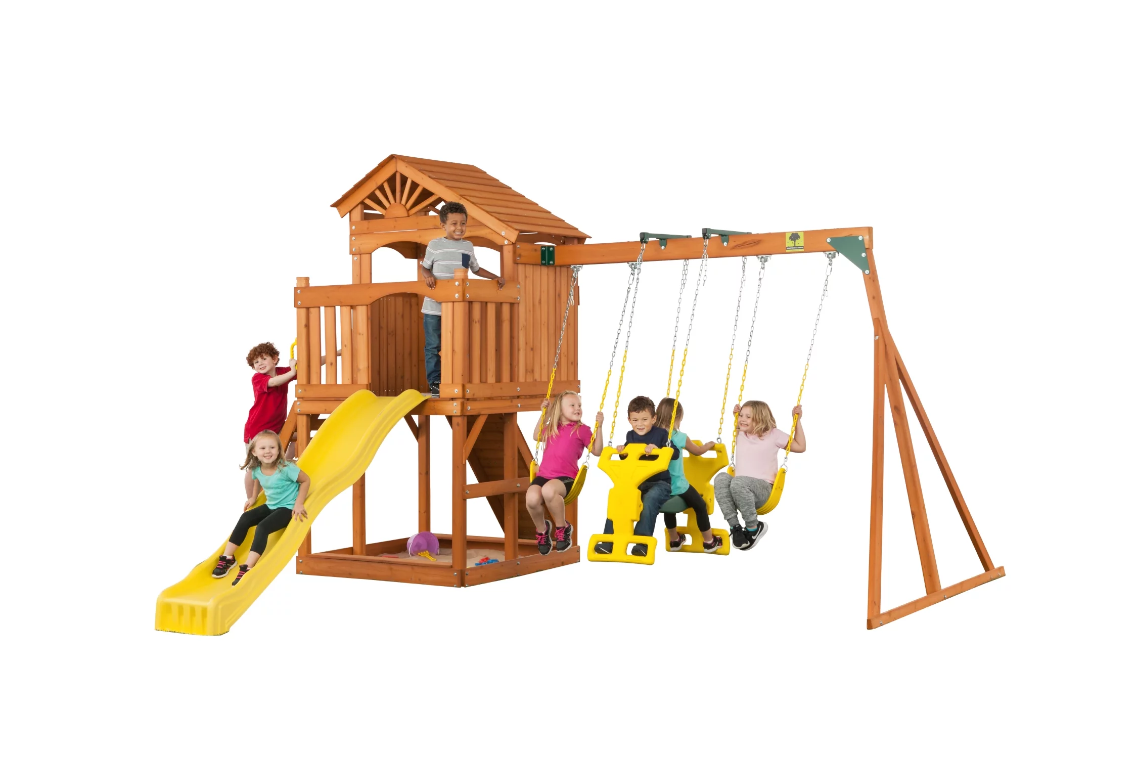 Creative Cedar Designs Timber Valley Wooden Playset with Wooden Roof, Glider Swing, Sandbox, Climbing Wall, Ladder, Slide & Belt Swings