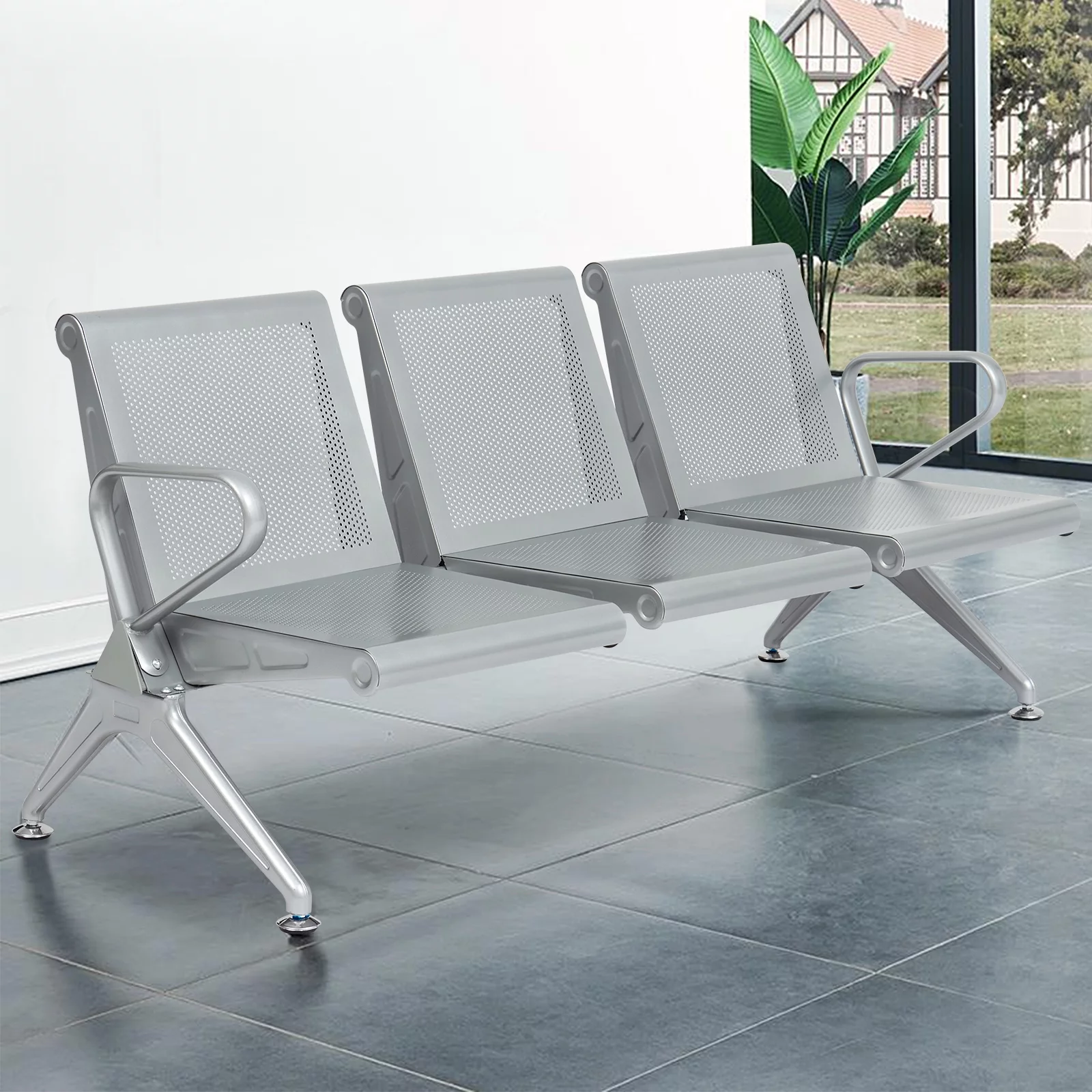 Kinbor 3-Seat Office Guest Waiting Chair Bench with Steel Frame for Bank Airport Conference Home, Silver