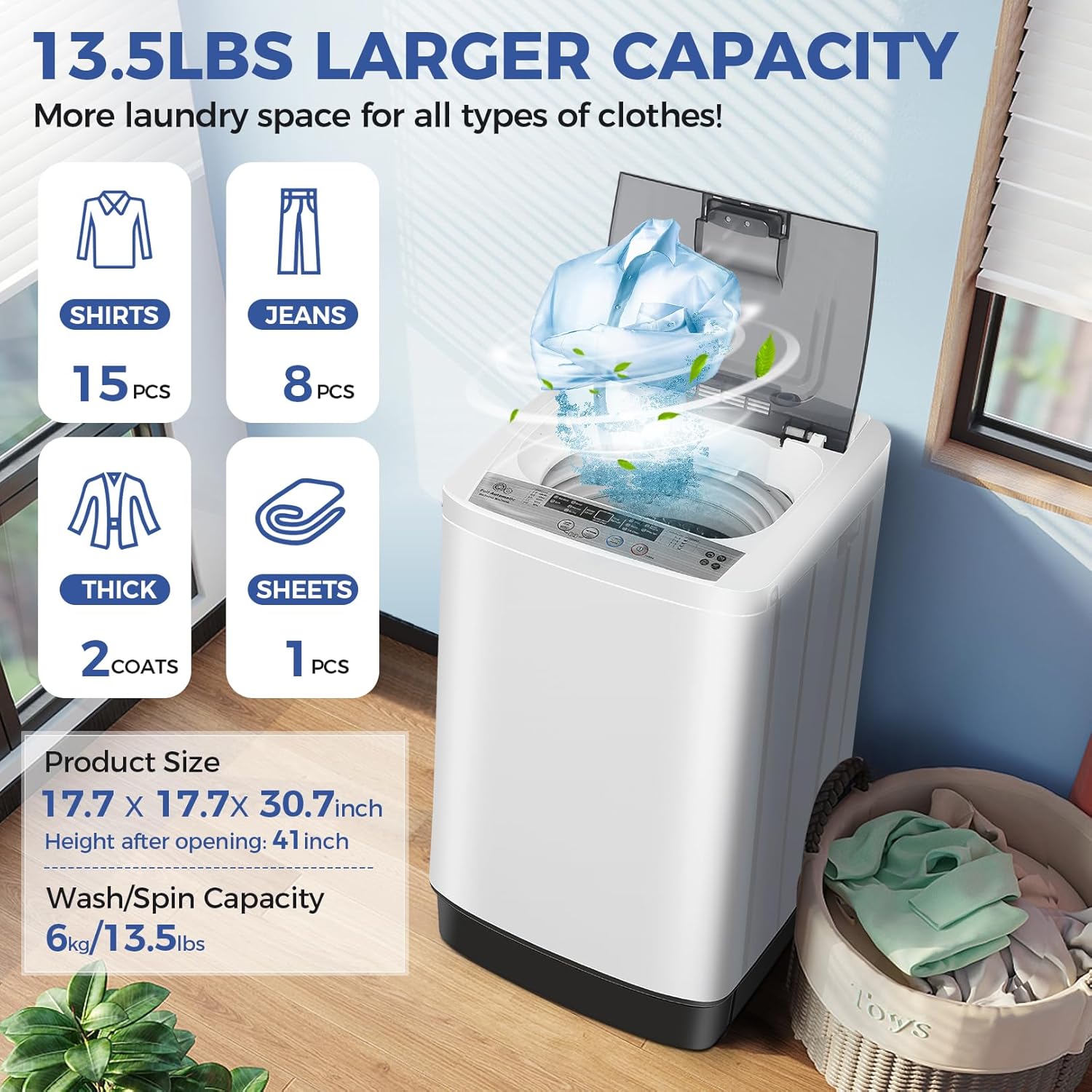 Nictemaw Portable Washing Machine, 13.5Lbs Capacity Full-Automatic Portable Washer, 1.8Cu.ft Washer and Dryer Combo with Drain Pump, LED Display, 10 Programs & 8 Water Levels for Apartment Dorm RV
