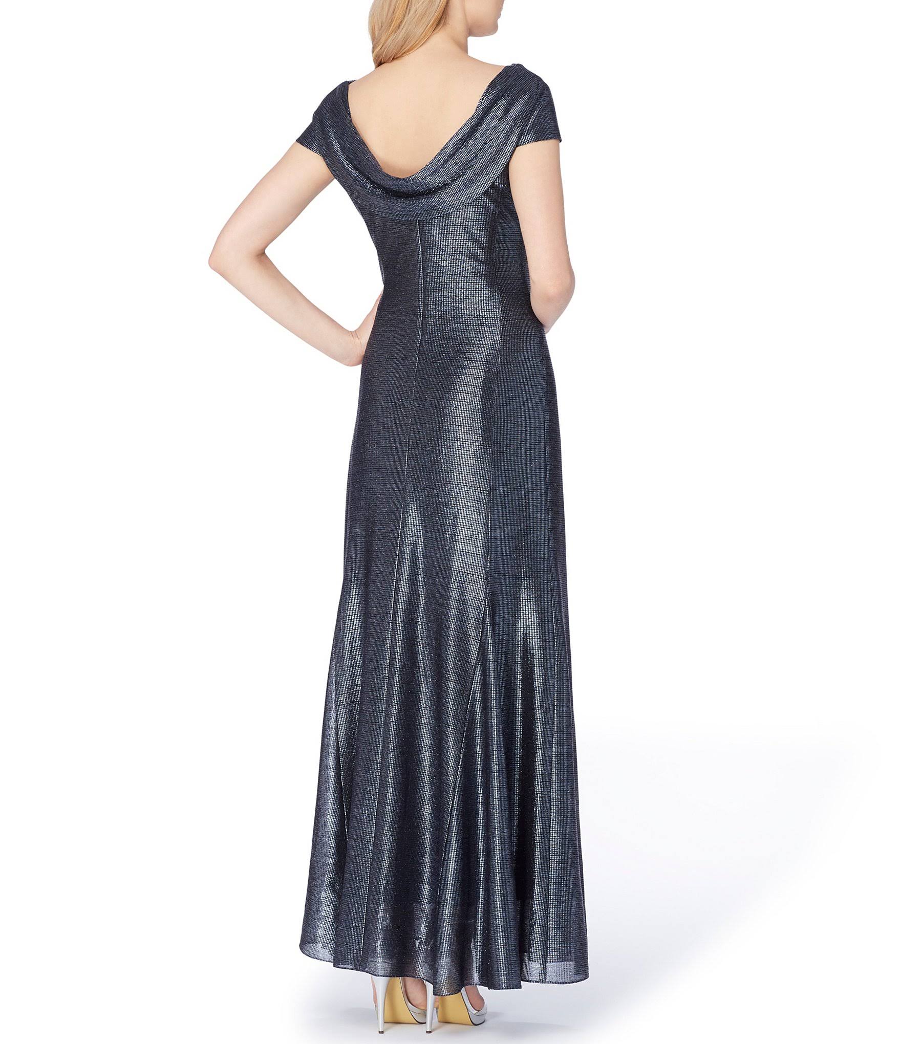 Tahari ASL Long Cap-Sleeve Metallic Knit Gown - 8