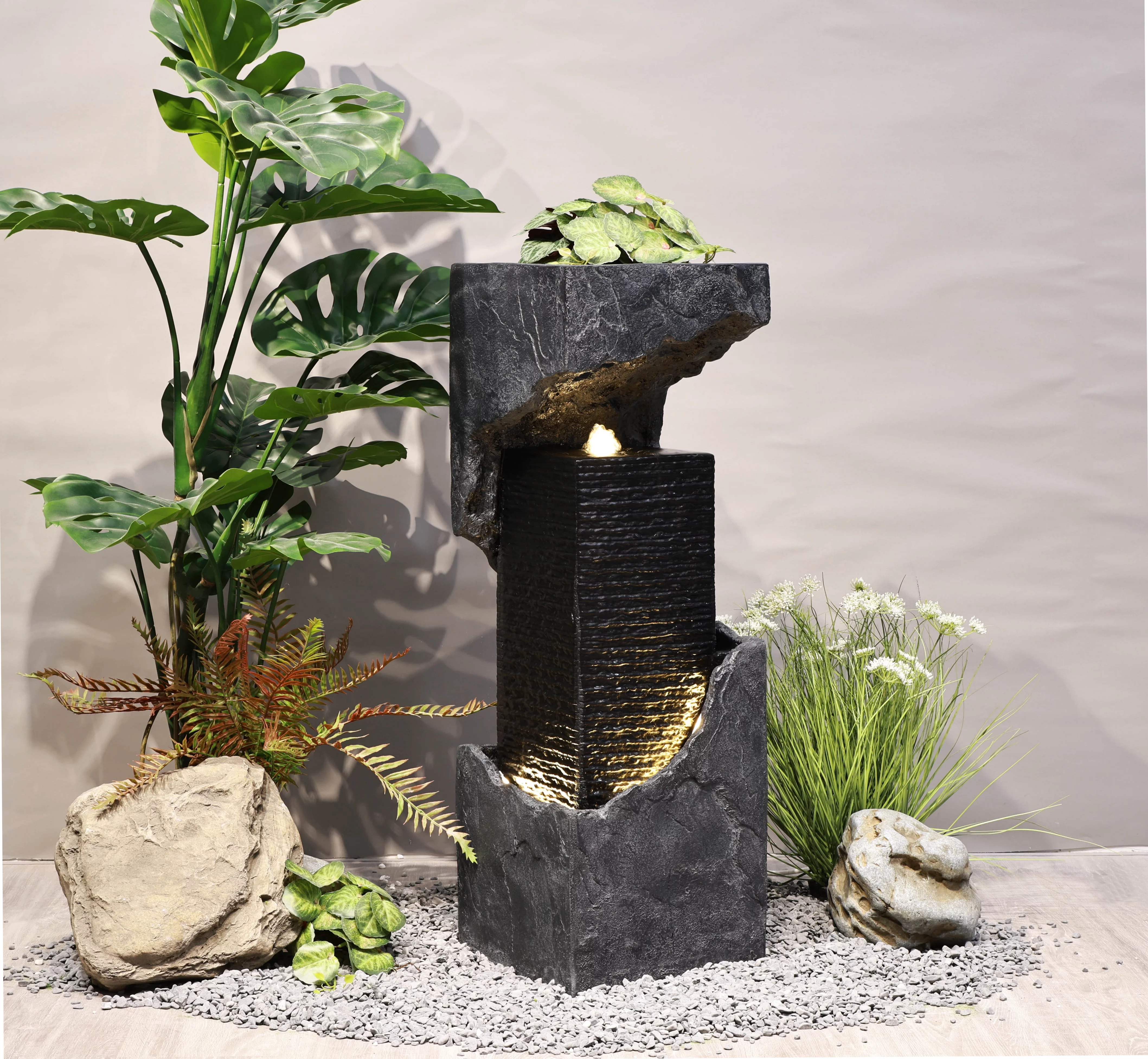 35" H Outdoor Waterfall Fountain with Warm White LEDS - Curated Treasures Market