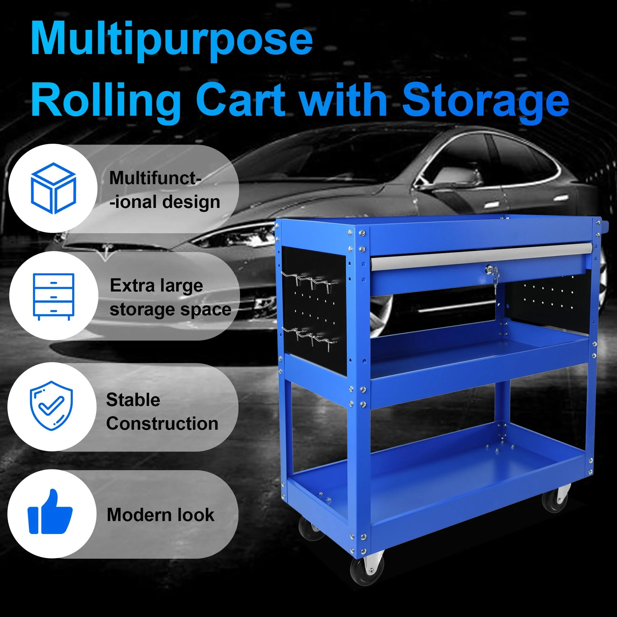 Rolling Tool Cart with Drawer, Seizeen Heavy Duty Utility Cart on Wheels, Garage Workshop Tool Organizer, 3 Tray, 1 Lockable Drawer, 6 Side Hooks