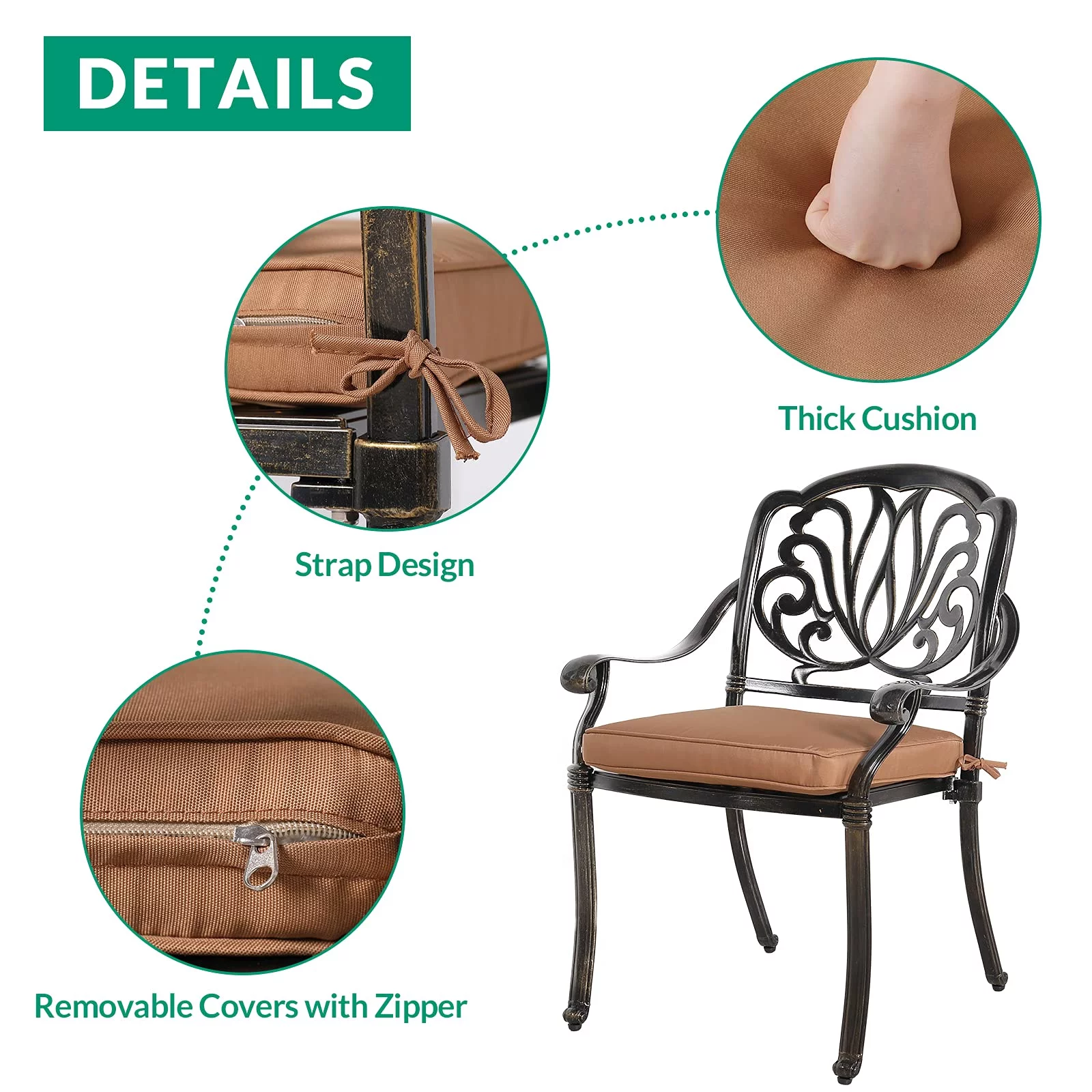 VIVIJASON 3-Piece Patio Bistro Sets, All-Weather Cast Aluminum Bistro Table Set Outdoor Patio Furniture, Include 2 Cushioned Chairs and 35.4" Round Table, 2" Umbrella Hole - Curated Treasures Market