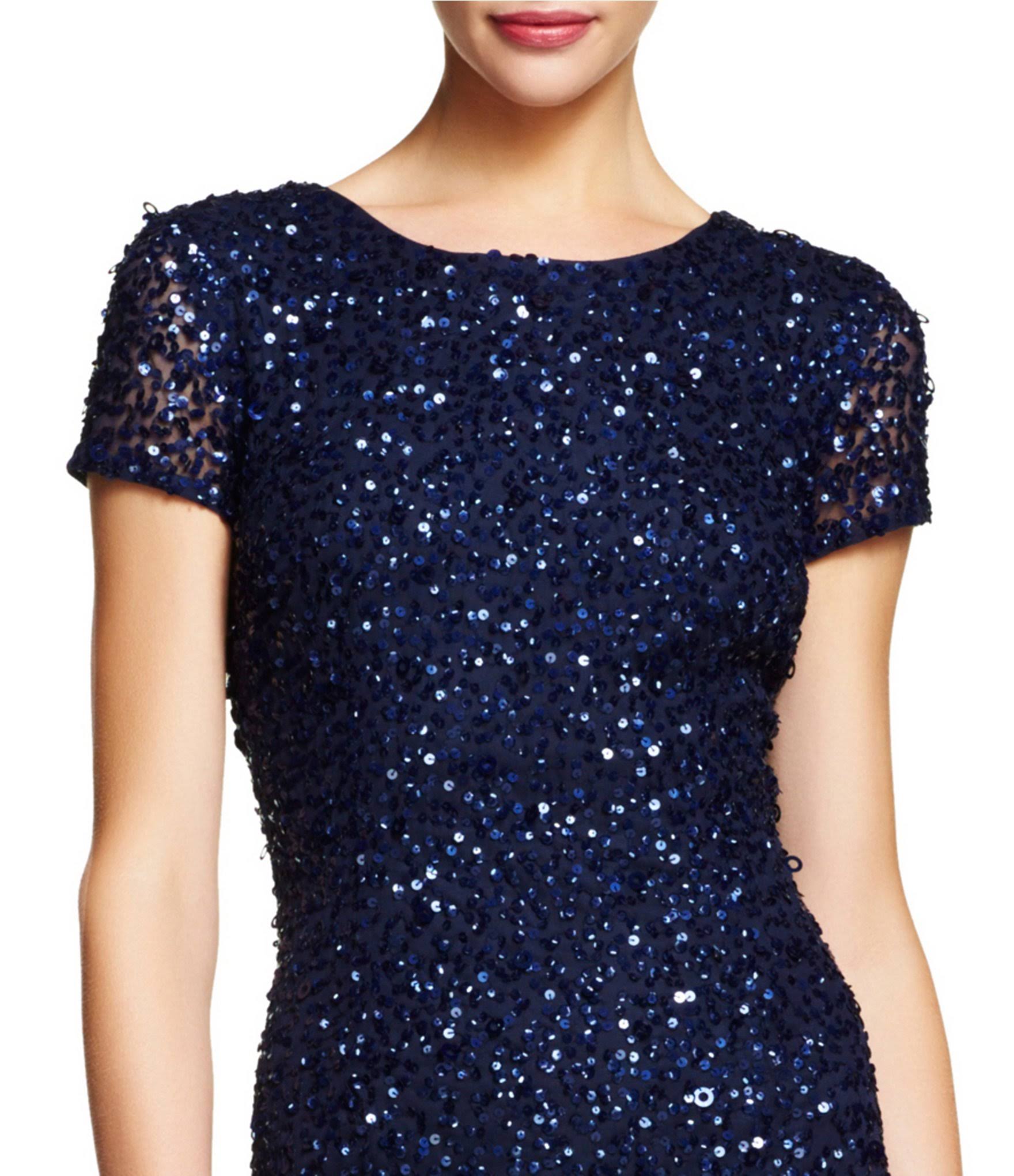 Adrianna Papell Petite Scoop Back Sequin Gown, Navy, Size: 2