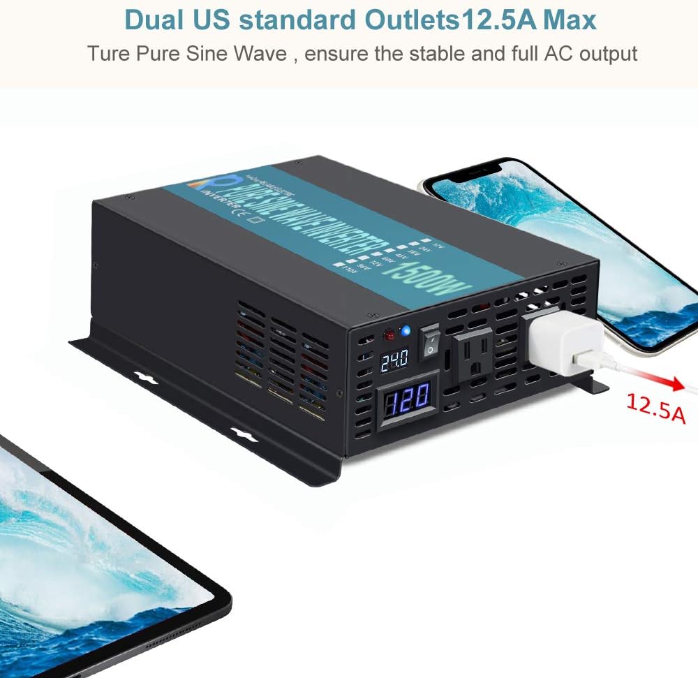 Reliable Pure Sine Wave Power Inverter 1500Watt 24V DC to 110V 120V with Remote Control Dual AC Outlets for CPAP RV Car Off Grid System