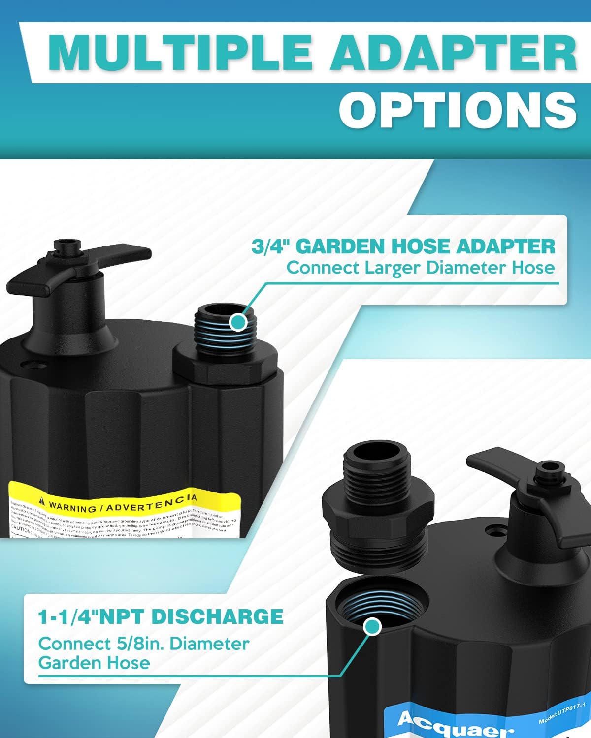 Acquaer Submersible Water Pump 1/6 HP Sump Pump Thermoplastic Utility Pump Small Electric Water Pump 1750GPH Water Remove for Basement Hot Tubs Garden Pool Cover Draining with 10 ft Cord Pack of 2