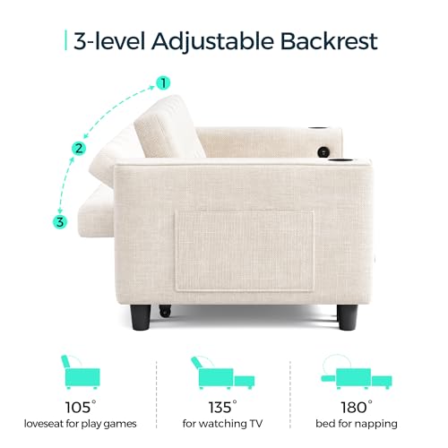 LINSY 3-in-1 Convertible Sofa Bed, 54" Pull Out Sleeper Sofa with Charging Station & Cup Holder, Small Folding Loveseat with Side Pocket for Small Space, Corduroy Couch, Green