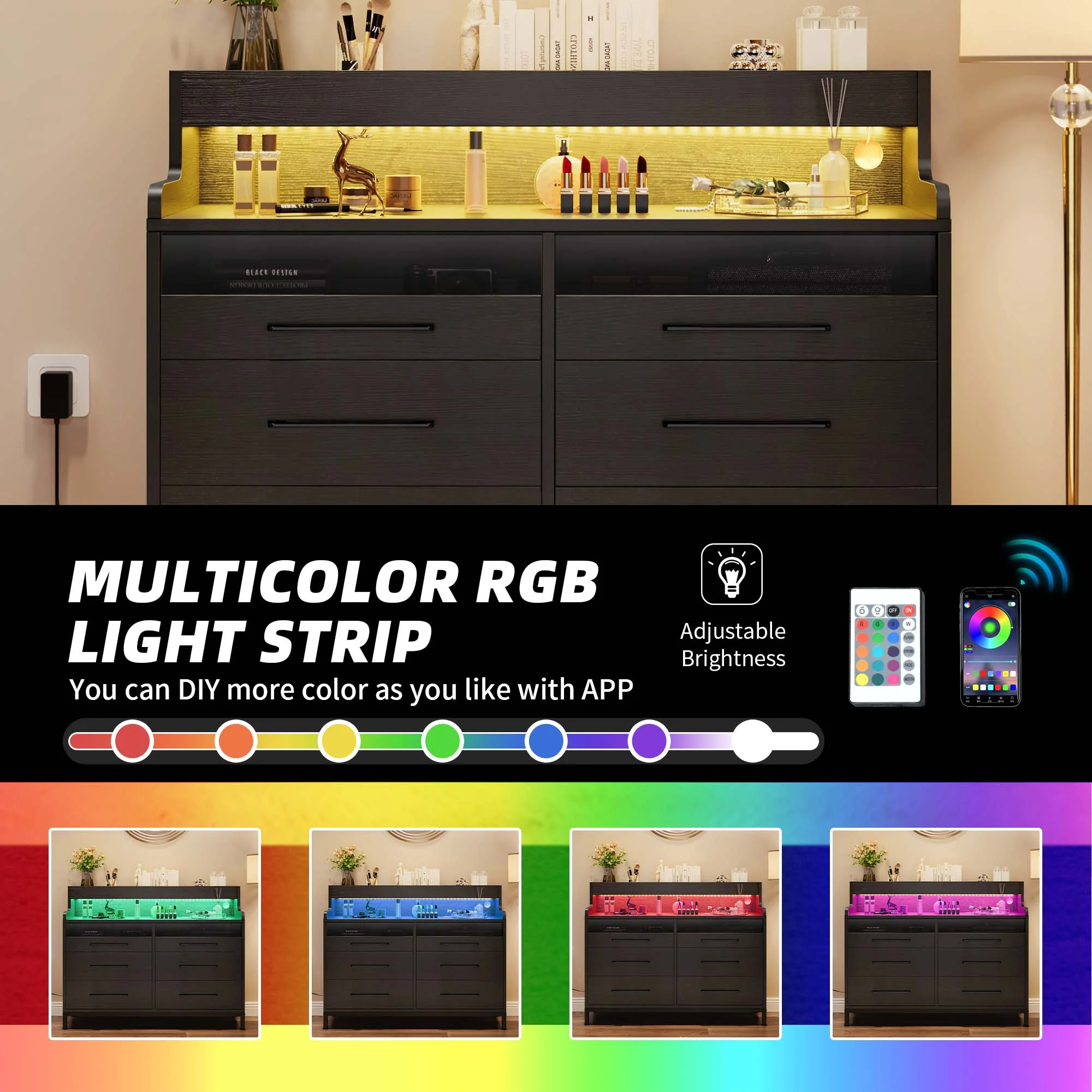 DWVO 6 Drawer Dresser for Bedroom, Double Dressers & Chests with LED Light & Open Storage, Modern Chest Organizer for Bedroom, Living Room, Entryway, Hallway, Black