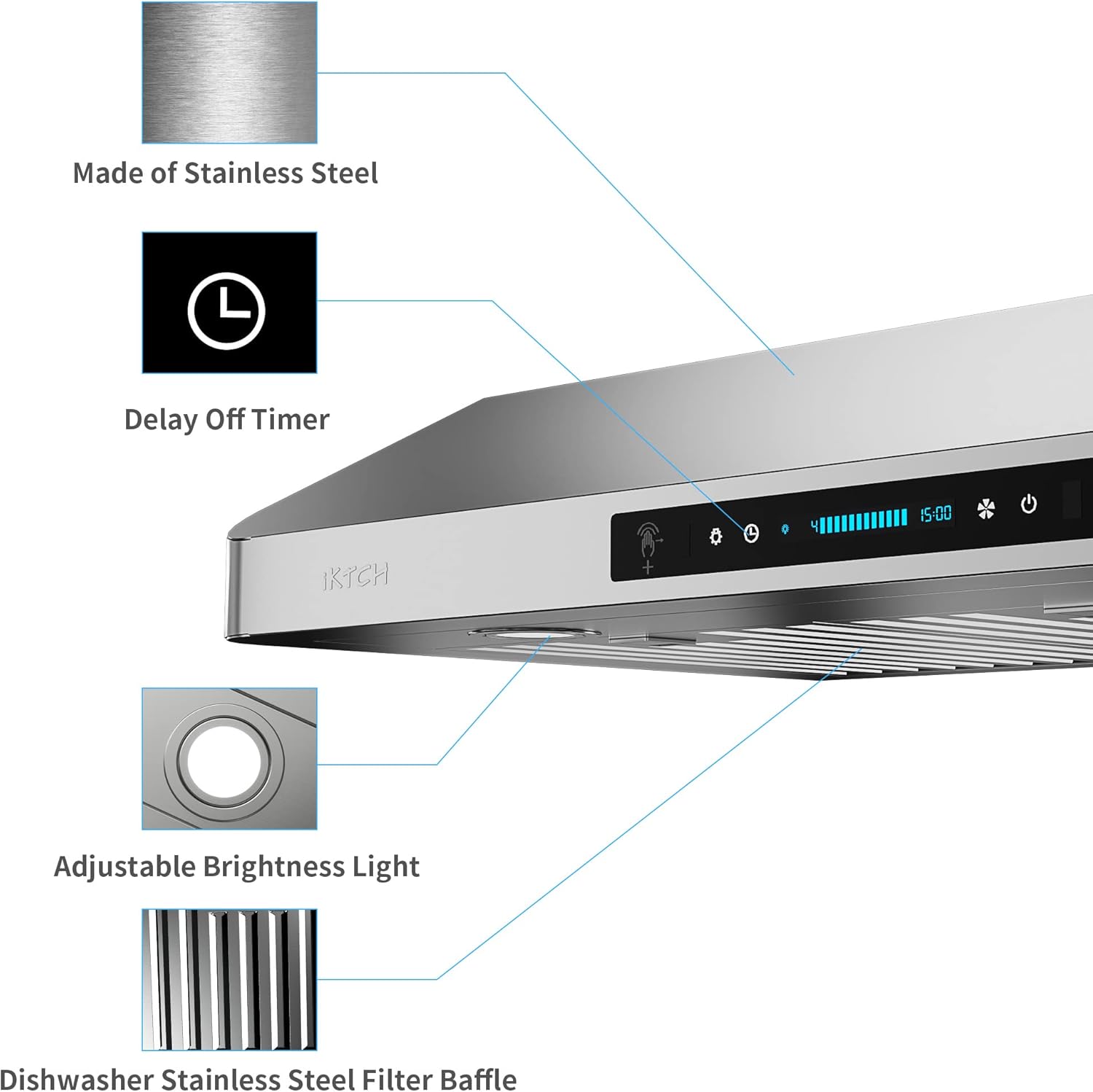 IKTCH 42 Inch Under Cabinet Range Hood with 900-CFM, 4 Speed Gesture Sensing&Touch Control Panel, Stainless Steel Kitchen Vent with 3 Pcs Baffle Filters(IKC01-42)