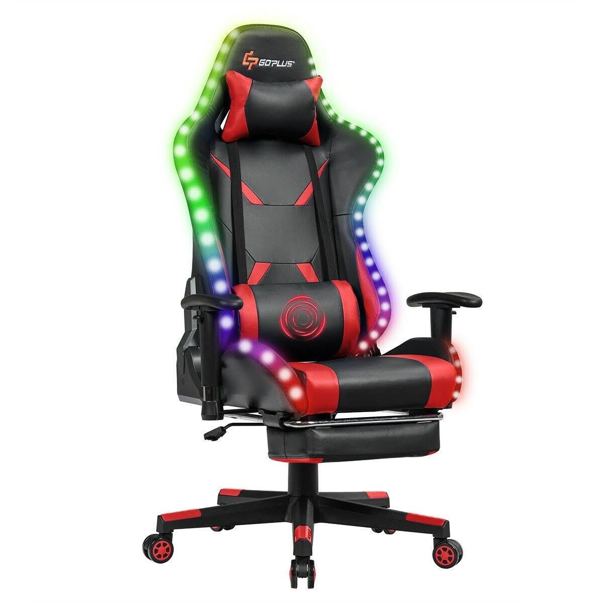 Costway Massage Racing Gaming Chair Chair with RGB LED Lights-Red