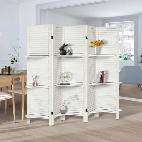 Room Divider with Shelves, Privacy Screen, Room Dividers and Folding Privacy Screens, 5 Panel Wood Temporary Wall Partition Separation Separator, Coconut