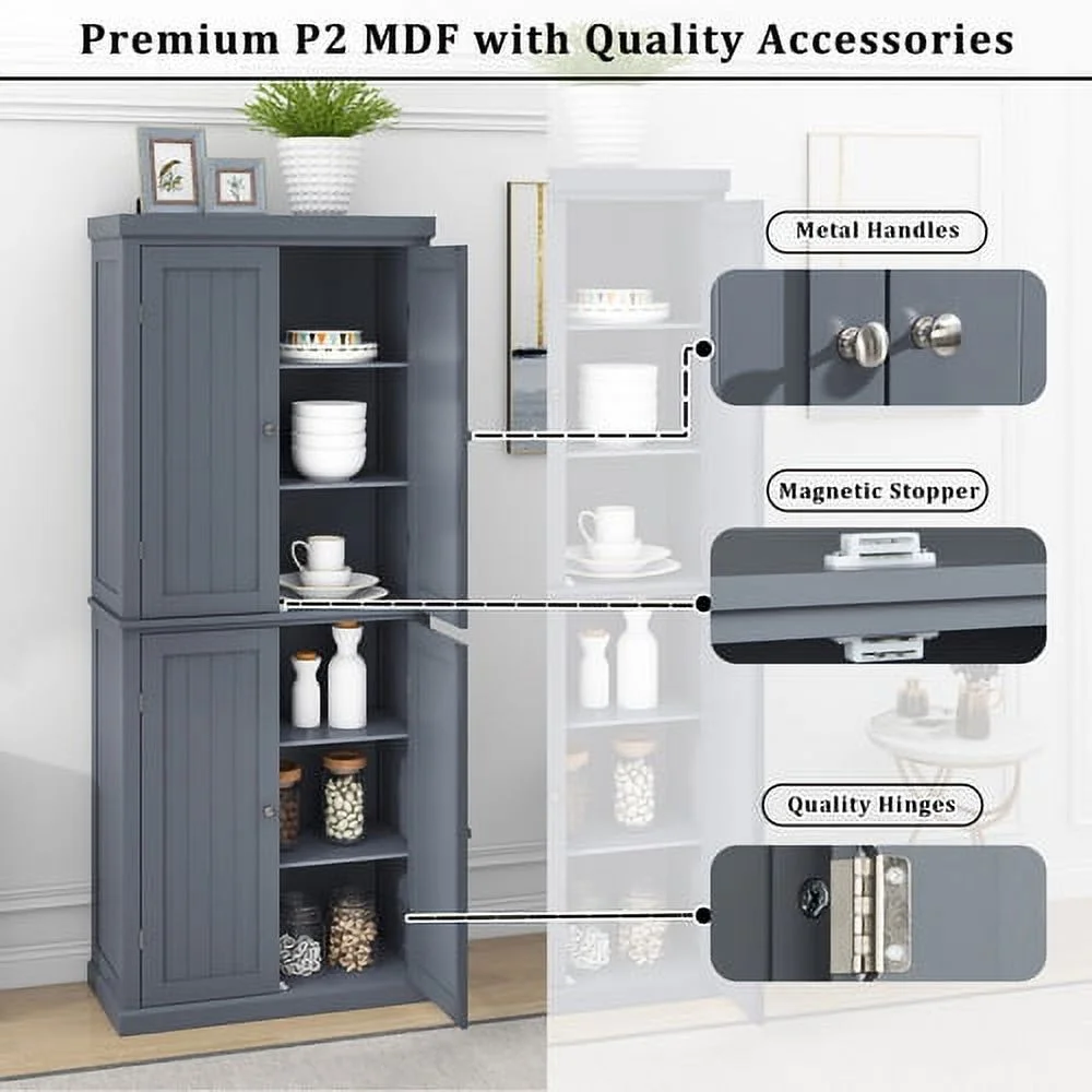 Motent Freestanding Tall Kitchen Pantry, 72.4" Minimalist Kitchen Storage Cabinet, Large Display Cabinet, Storage Cabinet for Living Room with 4 Doors and Adjustable Shelves, Gary