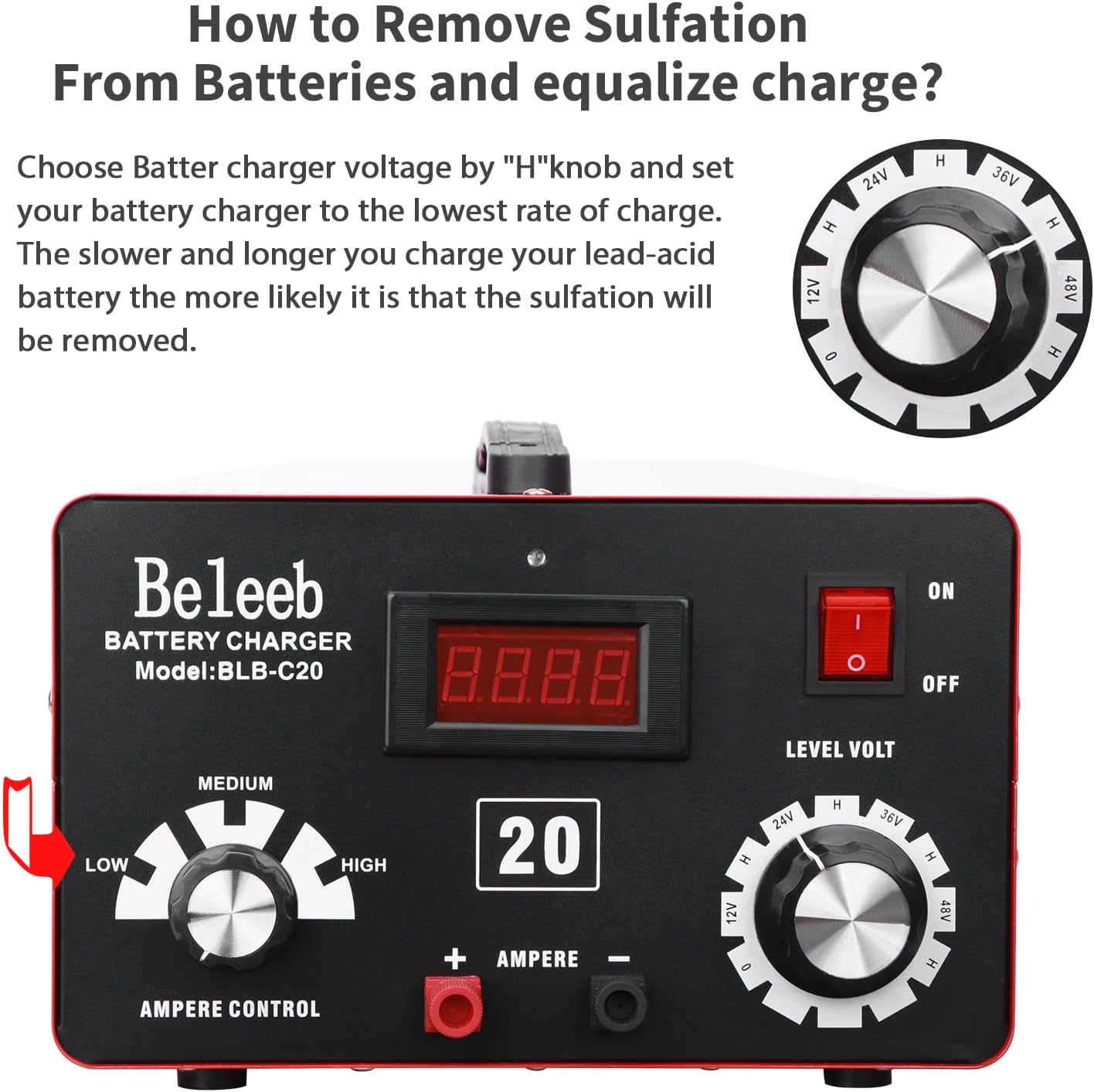 Beleeb C20 Adjustable Battery Charger 12V 24V 36V 48V, Pulses of High-Voltage Battery Desulfator Maintainer with Smart Chip for Lead-Acid Lithium-ion Batteries