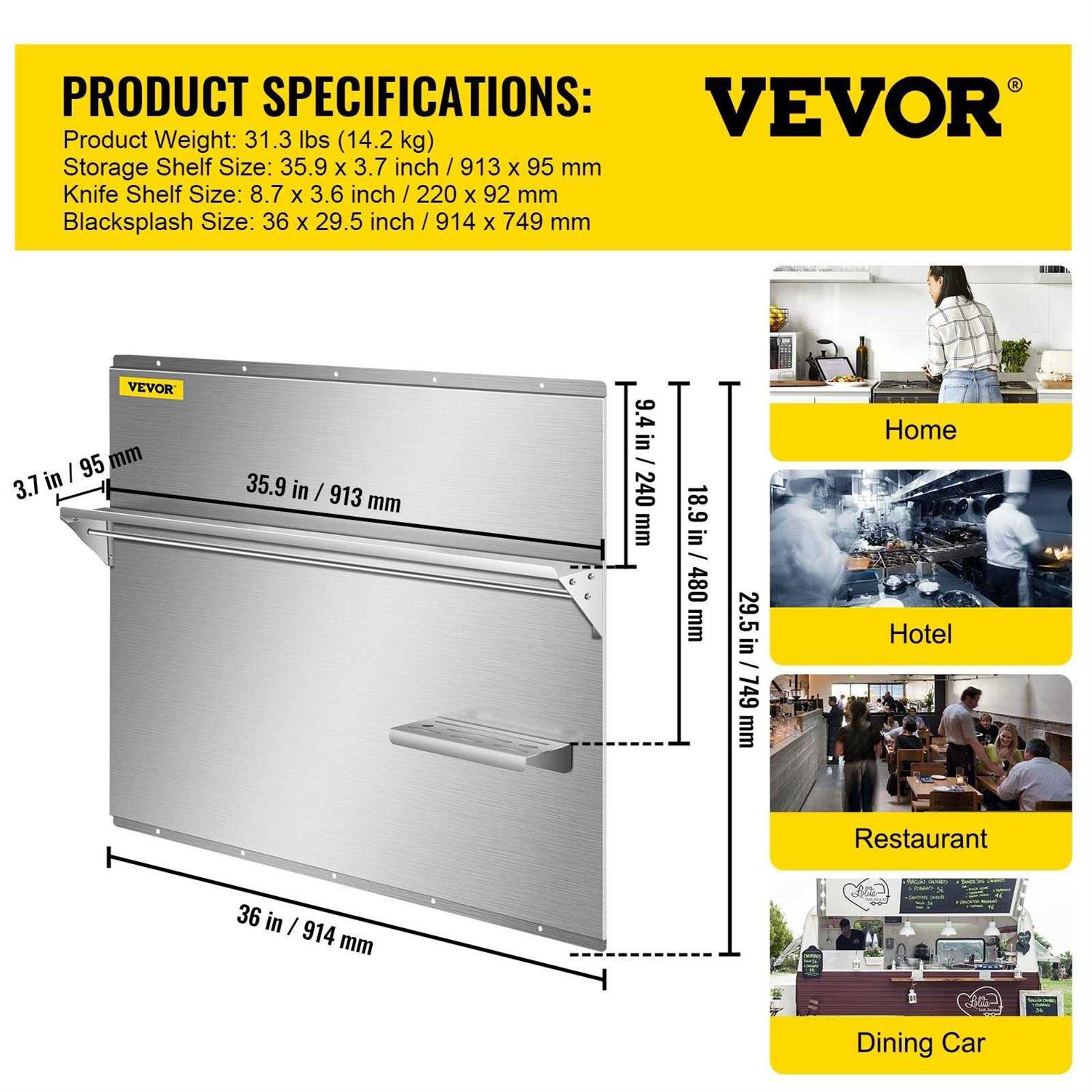 VEVOR Range Backsplash with Shelf 29.5 inch Range Hood Wall Shield Stainless Steel Backsplash Silver Splash Plate for Range Hood Stainless DYB36X29.5YC00001V0
