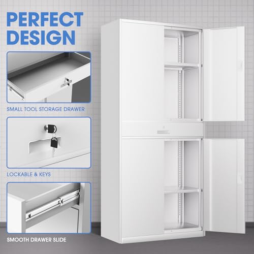 DNA MOTORING 71'' Metal Storage Cabinet, Locking Tool Cabinet with 1 Drawer and Adjustable Shelves, Lockable Heavy Duty Metal Locker for Garage,Office,Home,Gym, Gray, TOOLS-00629-GY-GY-A