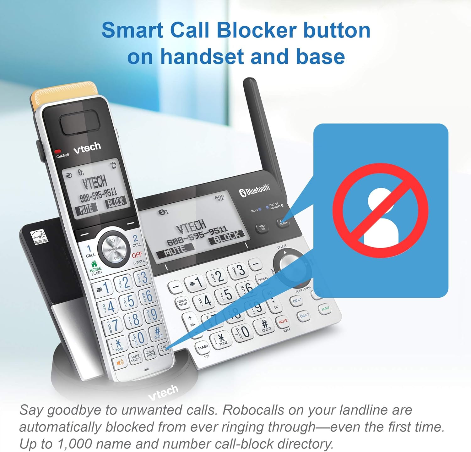 VTech IS8151-5 Super Long Range 5 Handset DECT 6.0 Cordless Phone for Home with Answering Machine, 2300 ft Range, Call Blocking, Bluetooth, Headset Jack, Power Backup, Intercom, Expandable to 12 HS