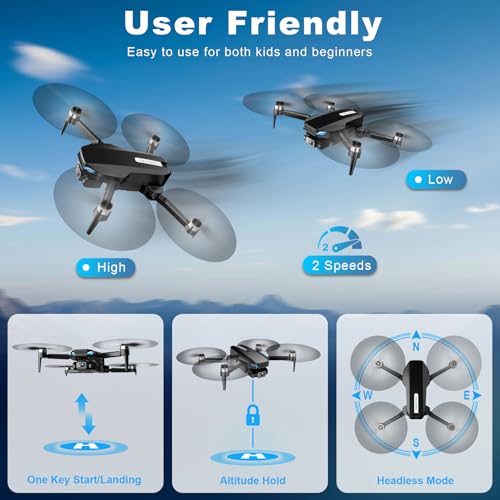Drone with Camera, 2K HD FPV Drone with Brushless Motor, Altitude Hold, Gesture Selfie, 3D Flips, Waypoint Fly, One Key Take Off/Landing, Foldable Mini Drones for Adults and Beginners