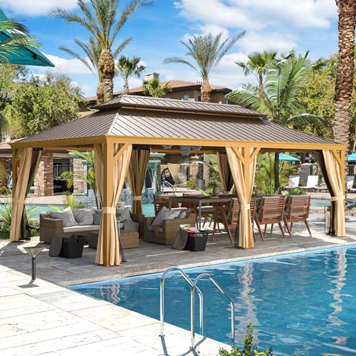 MELLCOM 12'x16' Hardtop Gazebo, Galvanized Steel Metal Double Roof Canopy with Curtains and Netting, Brown Permanent Pavilion Gazebos with Aluminum Frame for Garden, Patio, Lawns, Deck