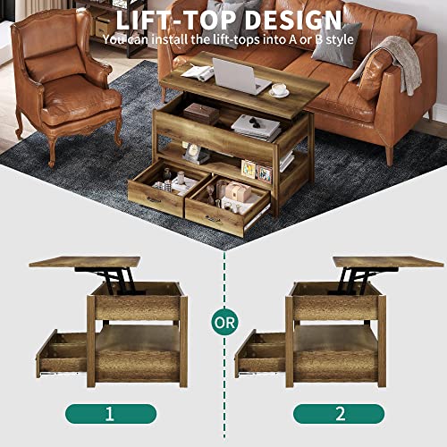 YITAHOME Lift Top Coffee Table with Storage Shelf,Drawers and Hidden Compartment,Retro Center Table with Wooden Lift Tabletop,Lift Tabletop Dining Table for Living Room Office Reception,Rustic Brown