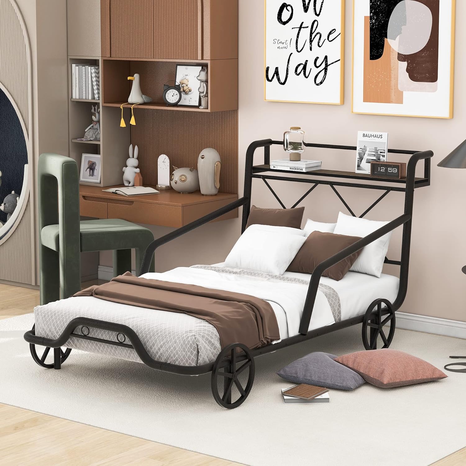 Size Metal Car Bed With Four Wheels For Boys Girls, Guardrails Ad X-Shaped Frame Shelf, Black