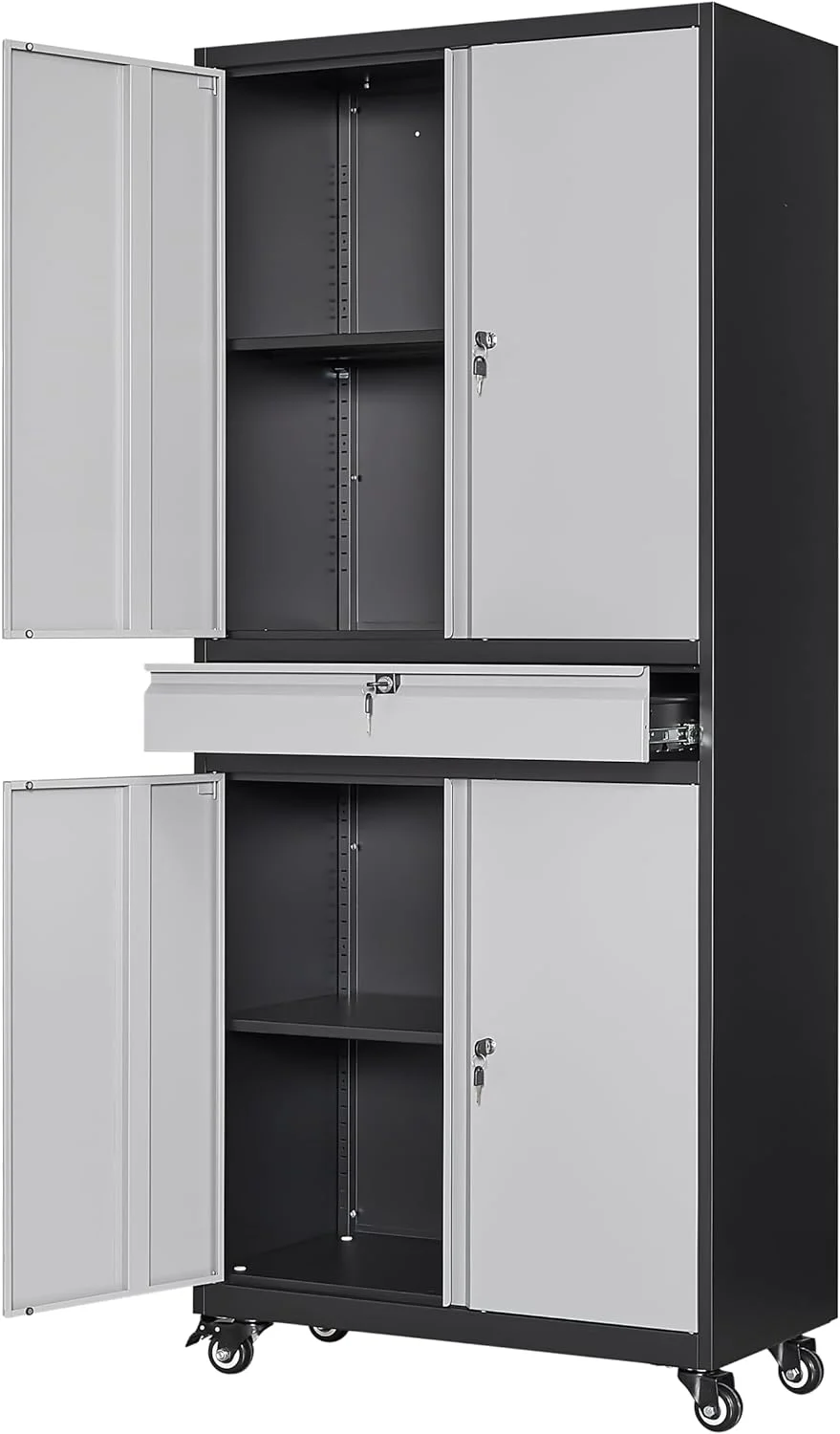 Metal Storage Locking Cabinet with 4 Doors and 2 Adjustable Shelves,71" Lockable Garage Tall Steel Cabinet,for Home Office,Living Room,Pantry,Gym,Commercial Storage (Black)