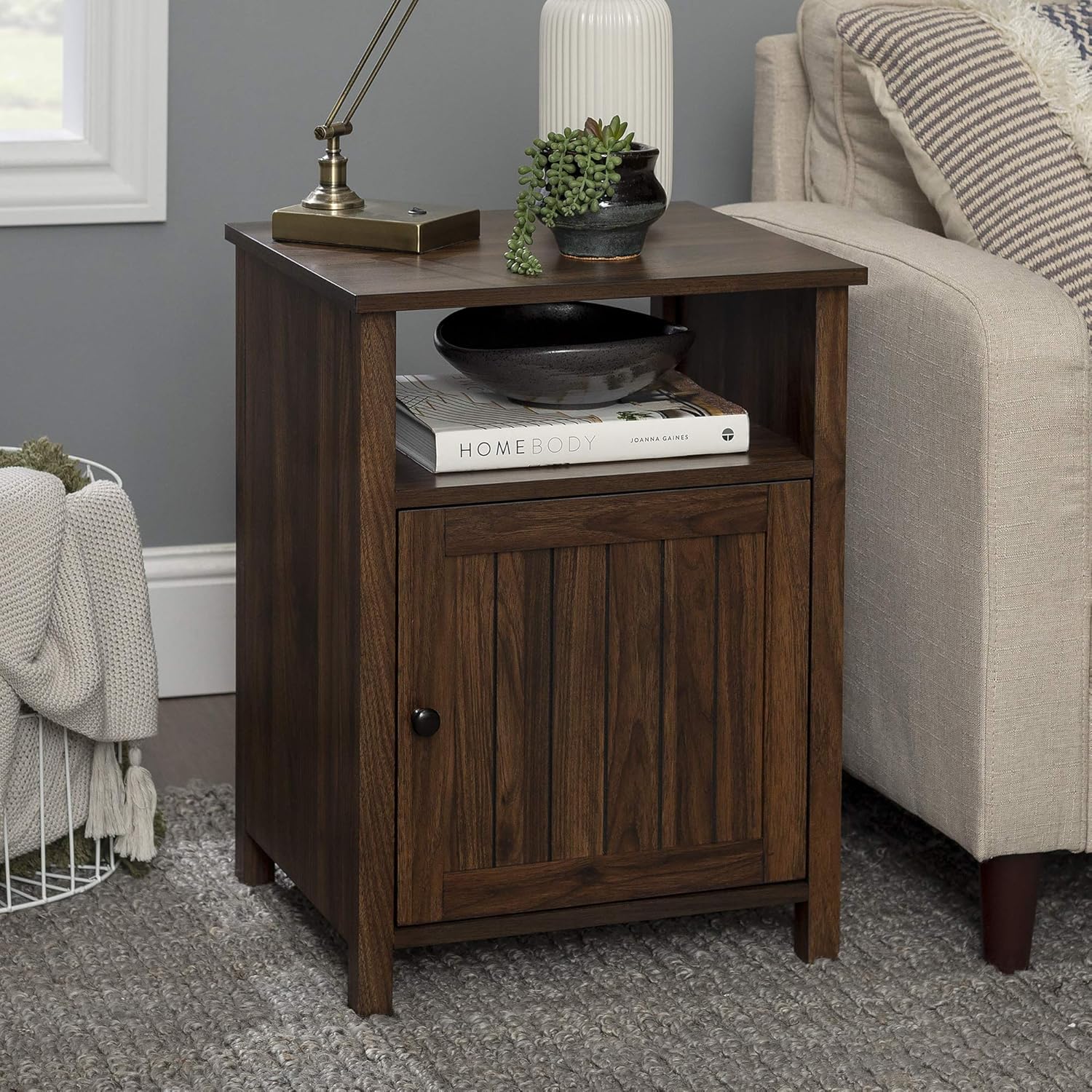 Walker Edison Modern Farmhouse Grooved Door Wood Side Accent Table Living Room Storage Small End Table With Cabinet Door, 18 Inch, Grey Wash