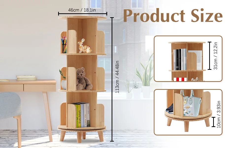 Fichiouy Wood 3 Tier Floor Standing 360 Rotating Bookshelf for Bedroom Living Room Office - Curated Treasures Market