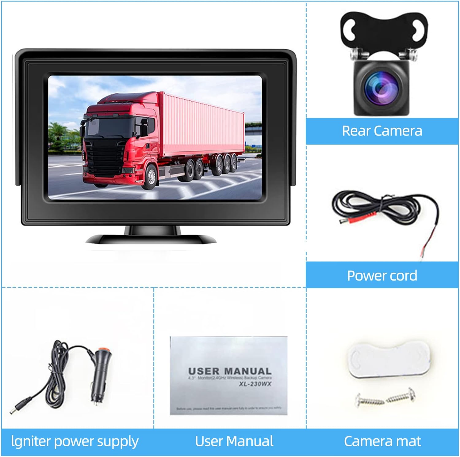 Wireless Backup Camera with Monitor Kit 4.3“ Reverse System HD 1080P Rear View Camera for Trucks, Van, Camping Car, SUV, Pickup, Waterproof Super Night Vision Grid Lines Reversing Automatic Display Pack of 2