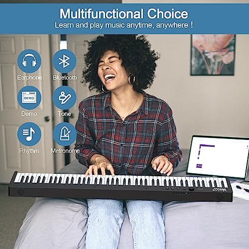 Veetop 88 Key Keyboard Piano Folding Piano with Full Size, Electric Piano Wood Grain Touch Sensitive Keyboard with Bluetooth MIDI Portable Digital Piano for Beginners and Travel (White)