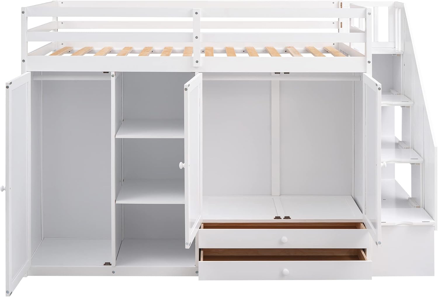 Functional Twin Loft Bed with 3 Shelves, Two Wardrobes and 2-Tier Large Drawers, Space-Saving Loftbed with Storage Ladder & Full-Guardrails for Kids Teens Adults, No Box Spring Needed, White