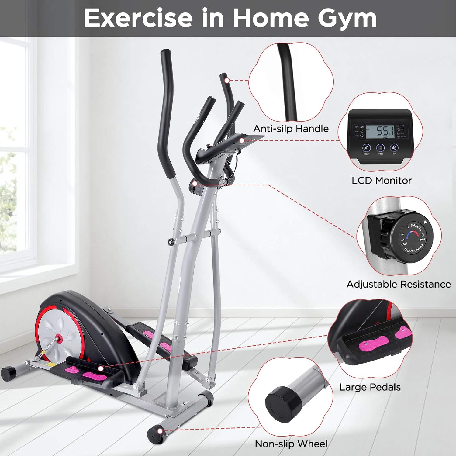 Elliptical Machine Magnetic Elliptical Training Machine for Home Use Elliptical Training Machines with LCD Monitor and Smooth Quiet Driven Pulse Rate Grips