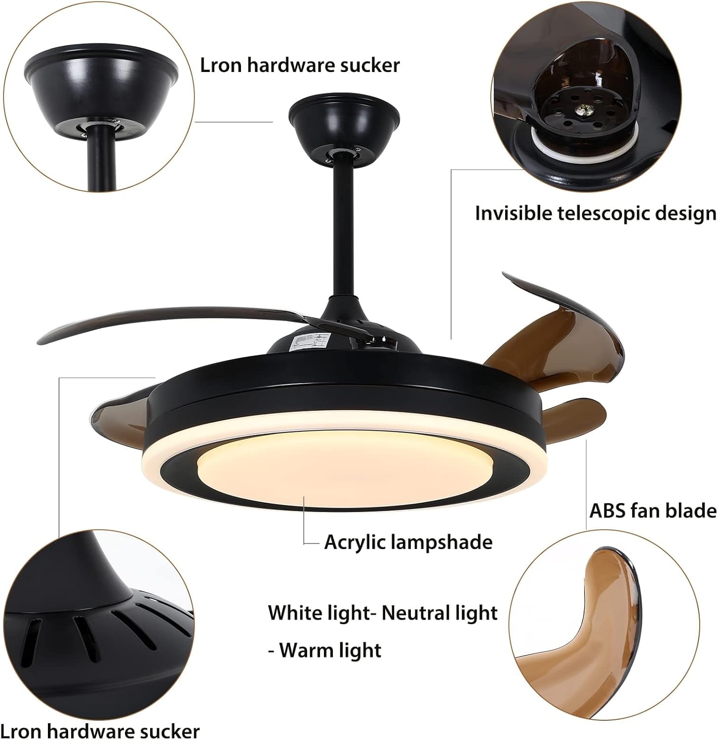 OUKANING 42 Inch Retractable Ceiling Fan, Reversible Fandelier with Lights Remote Silent Motor, 6 Speed, 3 Color Change, Timer, Chandelier for Bedroom Living Room