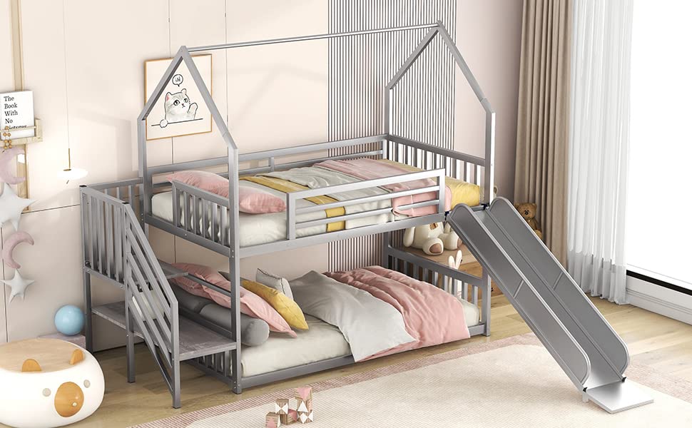 Twin Over Twin Bunk Bed with Slide, Metal Bunk Bed with Storage Staircase and House Roof, Twin Size Low Bunk Bed Frame for Kids Teens Boys Girls, Space Saving, No Box Spring Needed, Sliver