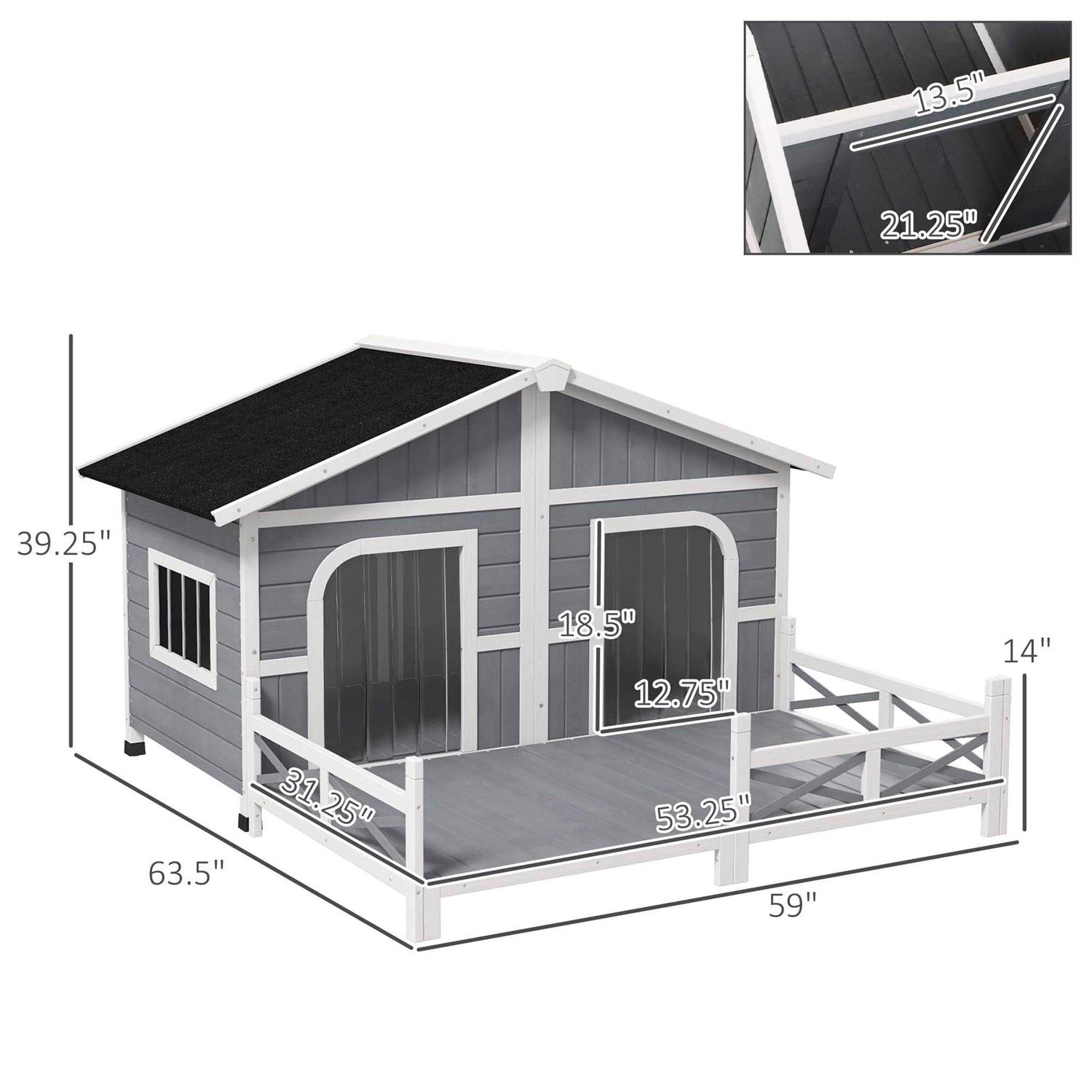 PawHut 59x64x39 Wood Large Dog House Cabin Style Elevated Pet Shelter w/Porch Deck - Pet Supplies online store