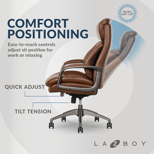 La-Z-Boy Nova Vegan Leather Modern Executive Ergonomic Design Office Chair, Memory Foam Thick Contoured Seat Back with Patented Lumbar Support Technology, Soft to Medium Sit Comfort, Black