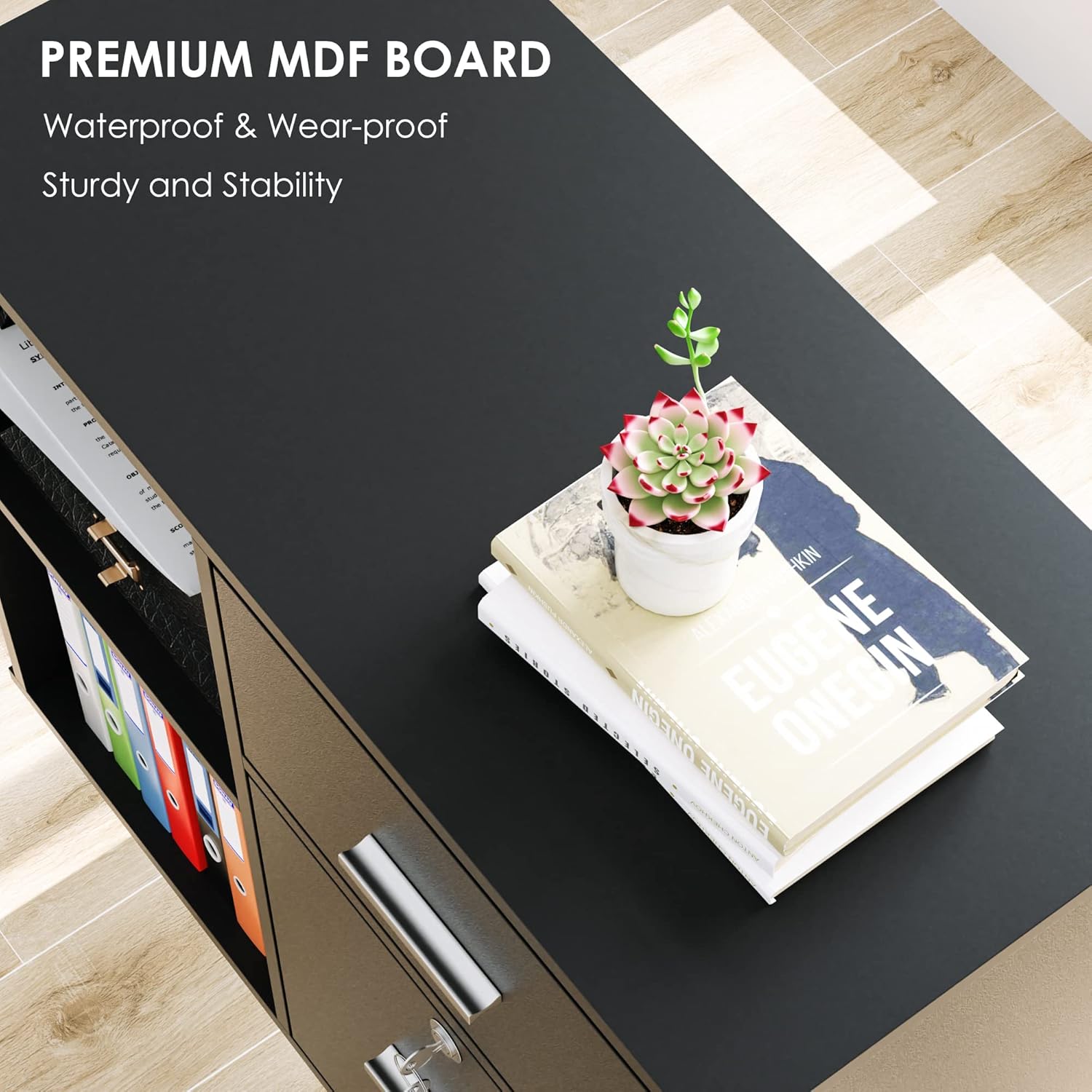 Lateral File Cabinet with Drawers and Lock, Wood Filing Cabinet, Rolling Printer Stand with Shelves for Home Office, Black