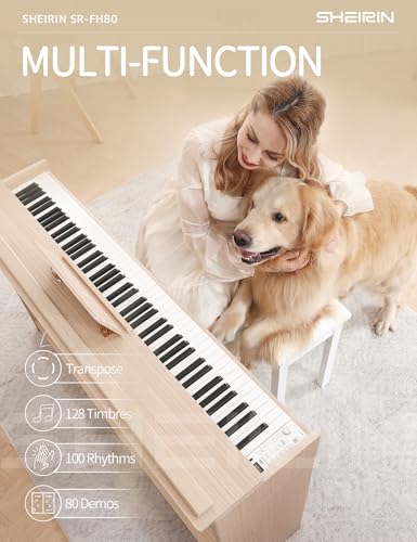 Digital Piano Hammer Action Keyboard 88 Keys Upright Acoustic Electric Weighted Piano Beginner MIDI Cover Full Size Sustain Pedal Stand Real Professional SR-FH80 (Beige Full Cover)