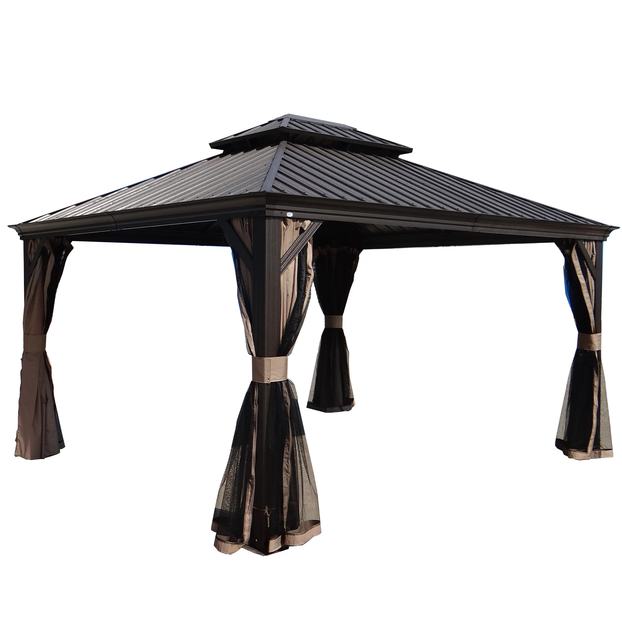Kozyard Alexander Hardtop Aluminum Permanent Gazebo with a Mosquito Net and Privacy Sidewalls (Alexander 12'x14' Brown)