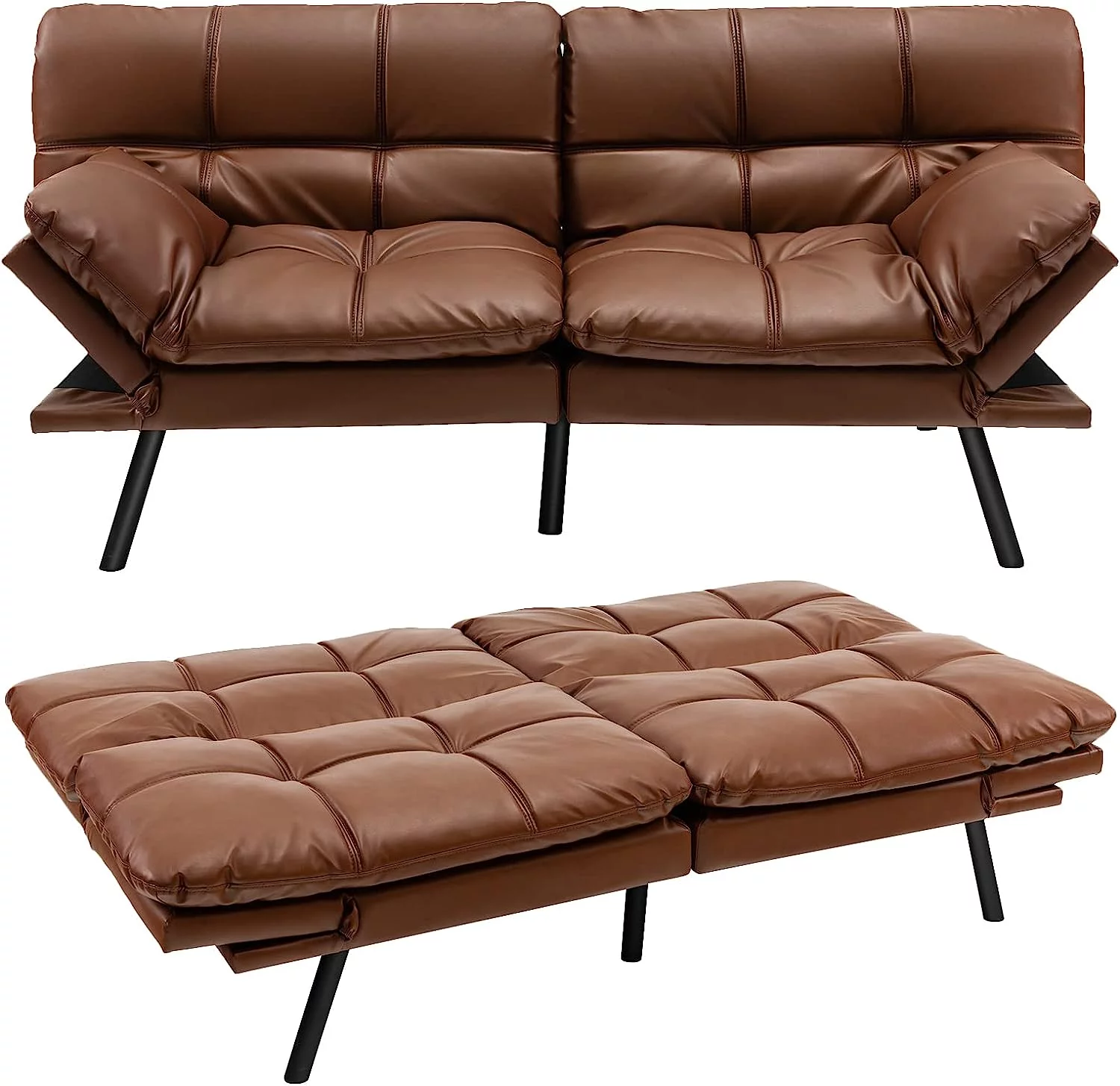 Futon Sofa Bed, Convertible Memory Foam Futon Couch Sleeper with Adjustable Backrest and Armrests, for Small Apartments Home Office, Brown
