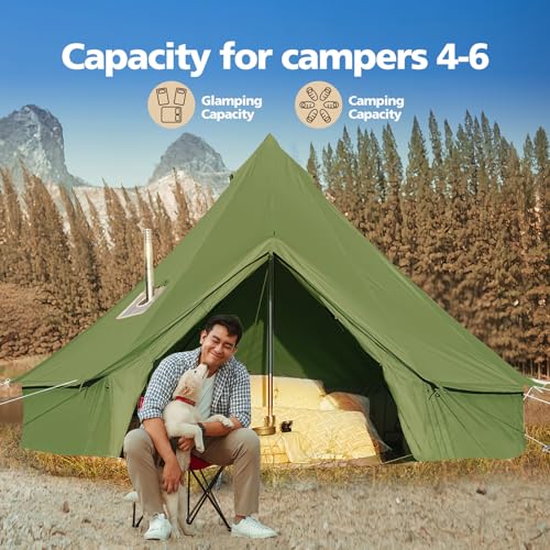 Cotton Canvas Bell Tent, Waterproof Large Tents with Sturdy Center & Door Pole and Space for 4/6/8 Person All 4 Season Camping Yurt Tent